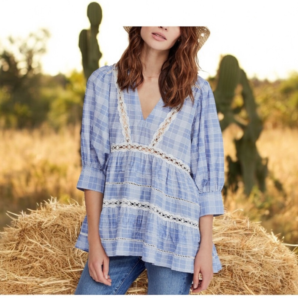 Free People Blue Blouse with V-Neck and 3/4 Sleeves lace inserts size medium